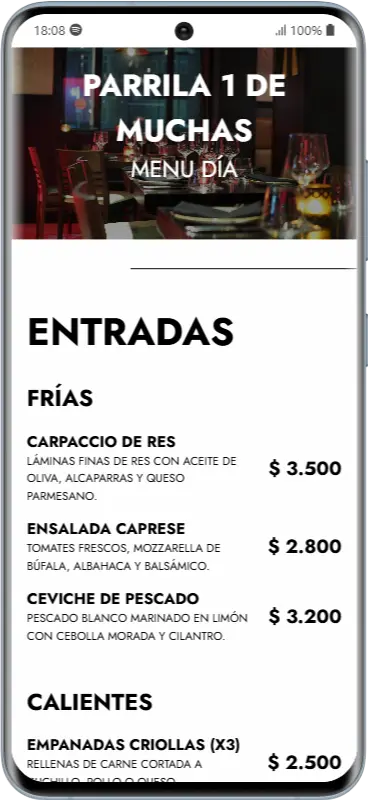 Vista de la carta digital en el celular del comensal